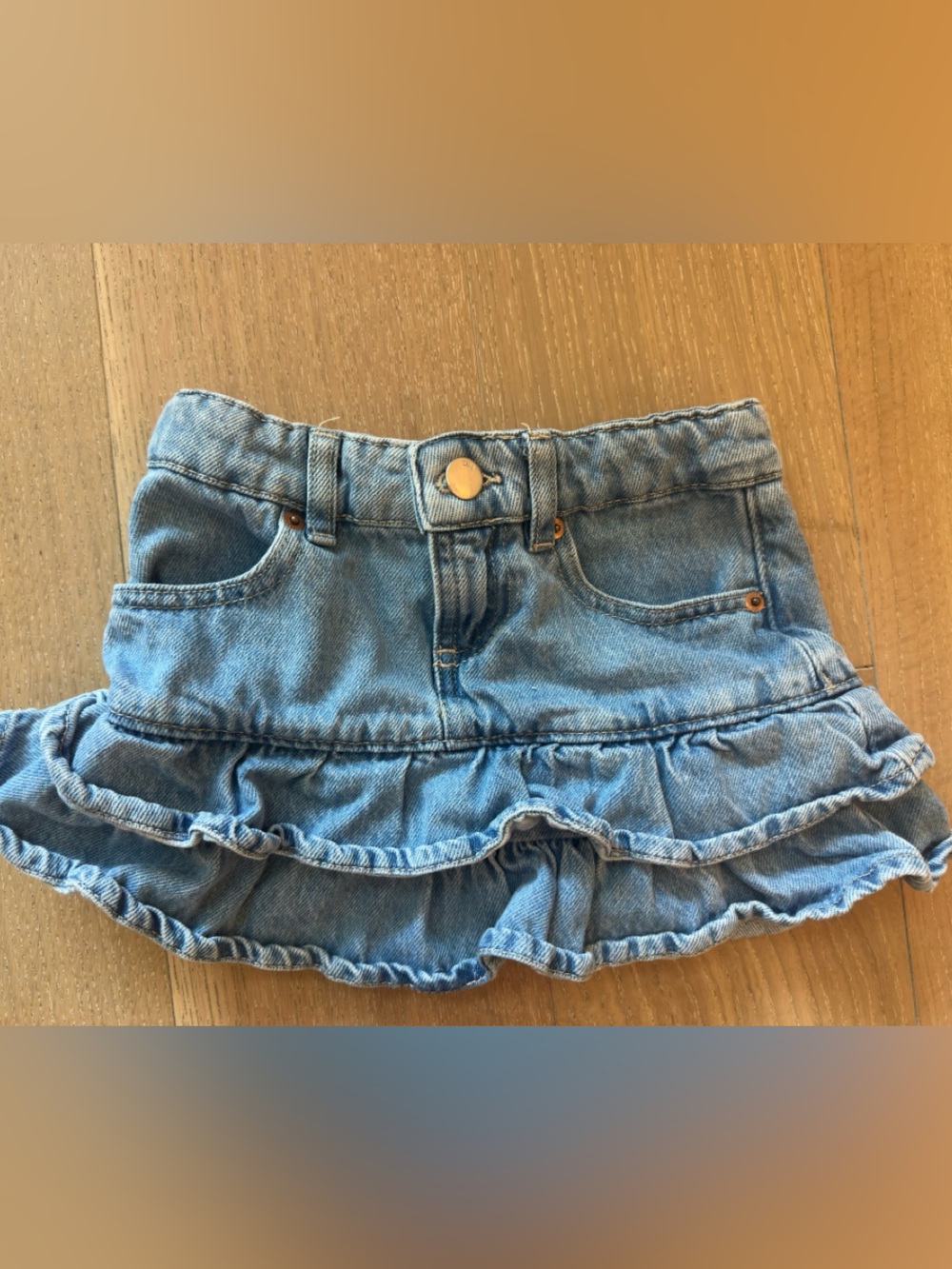 ZARA Girls Denim Ruffle Skirt Size 6/7 Button Front Adjustable Waist Jean Skirt